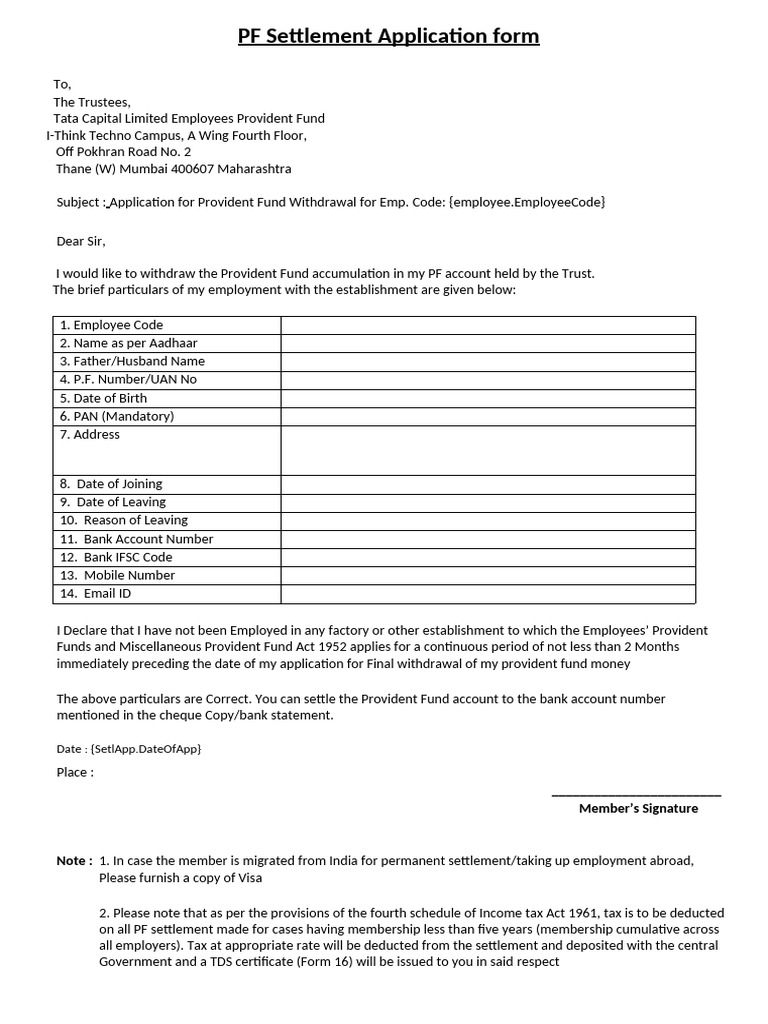 PF Withdrawal Application Form Template | PDF