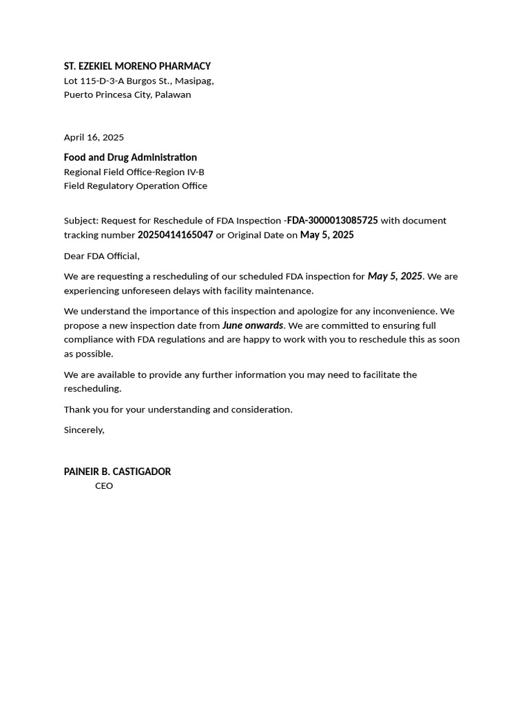 FDA Inspection Reschedule Request | PDF