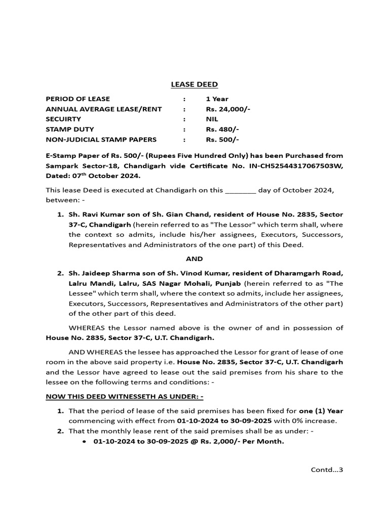 Lease Deed Agreement Sample | PDF | Lease | Civil Law (Legal System)