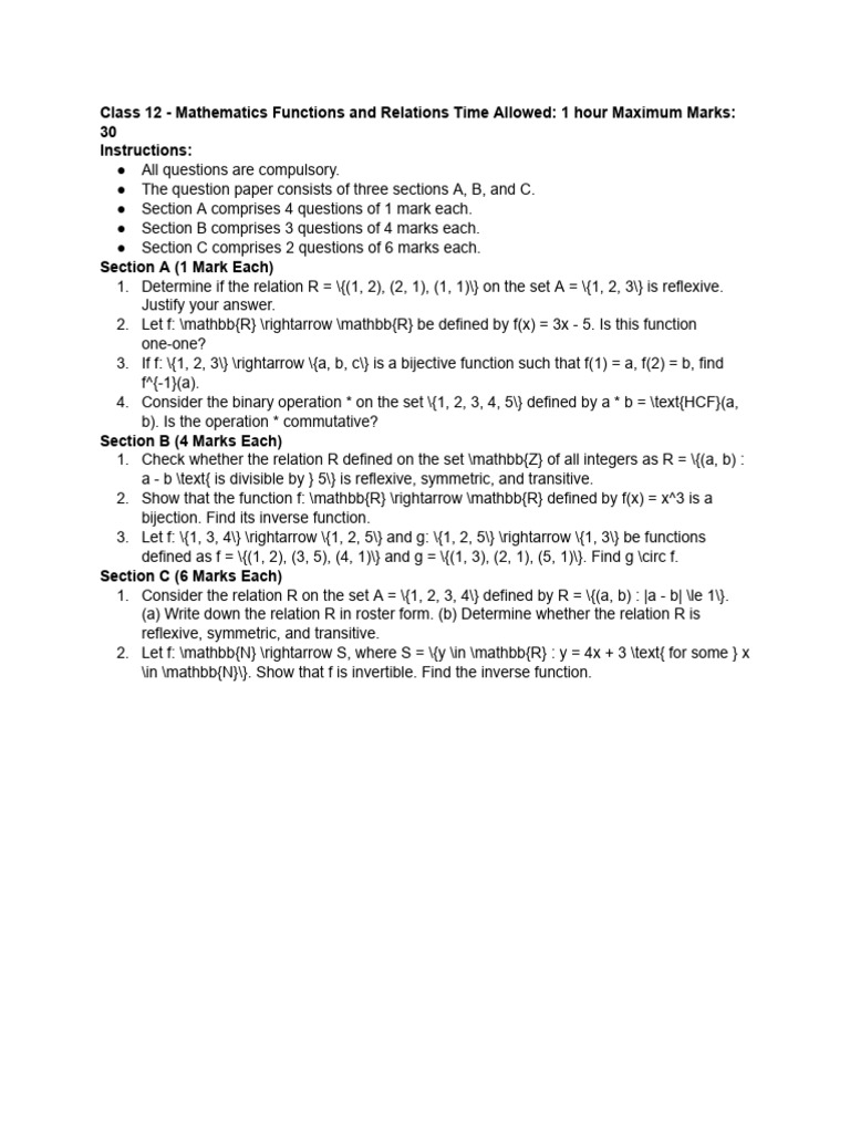 Class 12 NCERT Functions and Relations Exercise | PDF