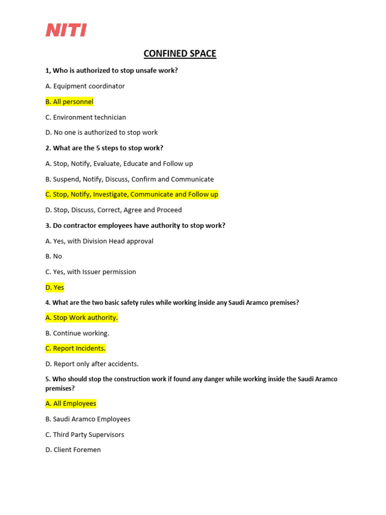 Confined Space Entry Training Quiz | PDF | Carbon Dioxide | Oxide