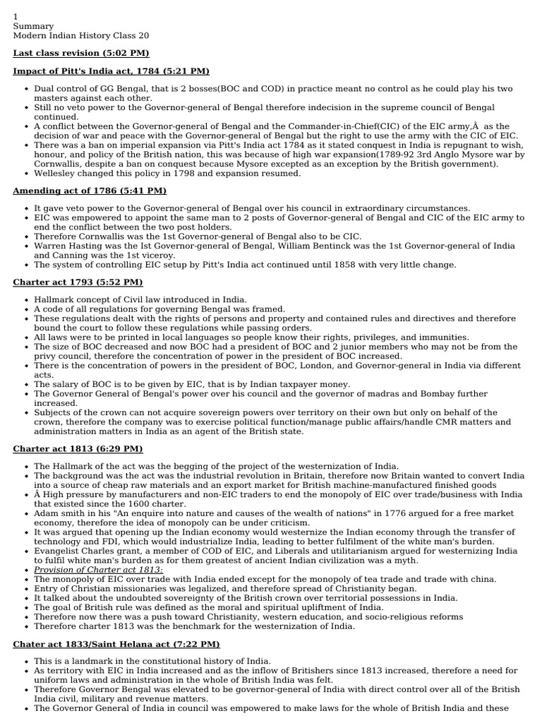 Overview of Key Indian Charter Acts | PDF | British Raj | East India ...