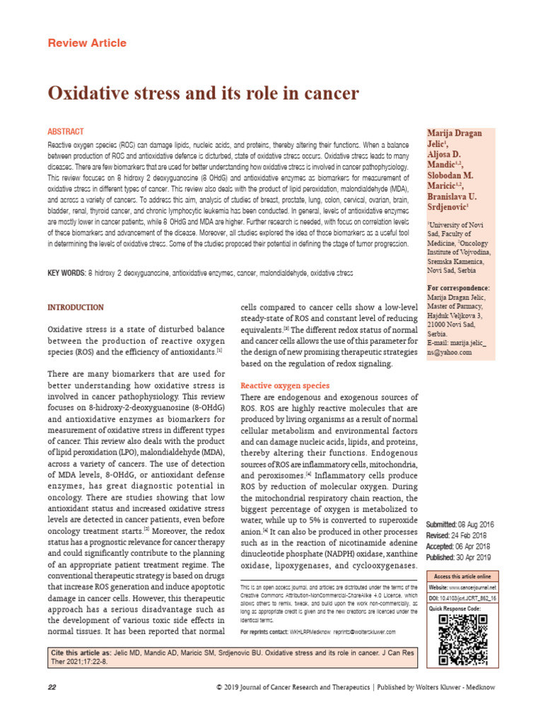Oxidative Stress Biomarkers in Cancer | PDF | Reactive Oxygen Species ...