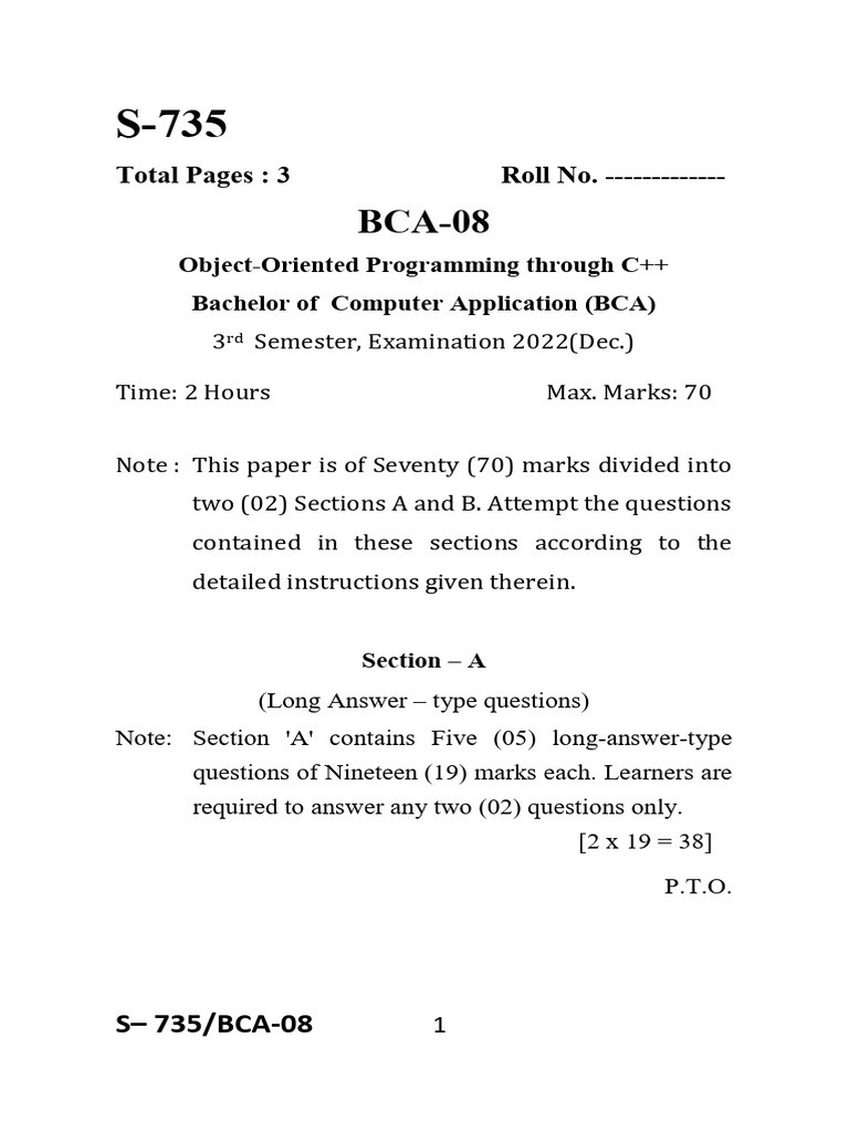 OOP Exam Paper for BCA 3rd Semester | PDF