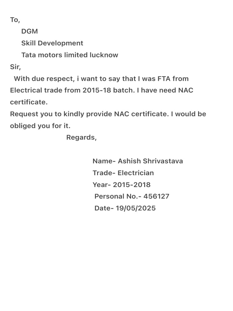 Request for NAC Certificate - Ashish Shrivastava | PDF