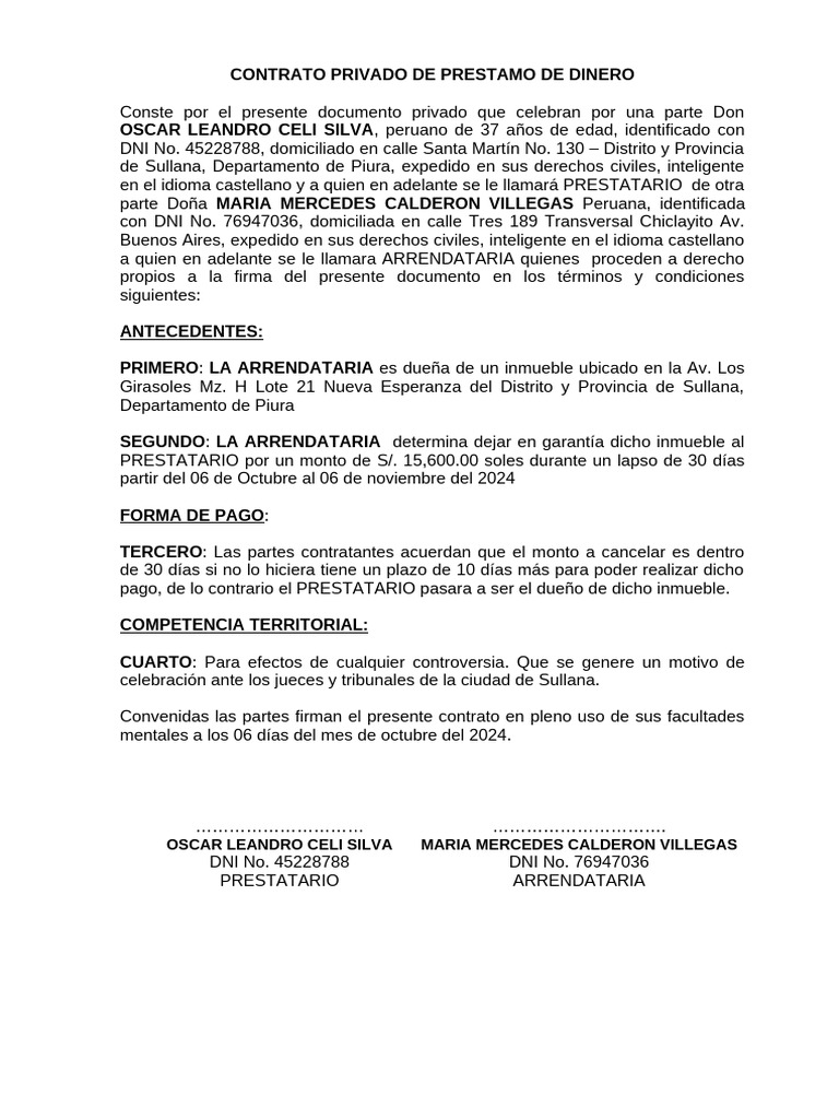Contrato Privado de Prestamo de Dinero 2024 Miguel | PDF