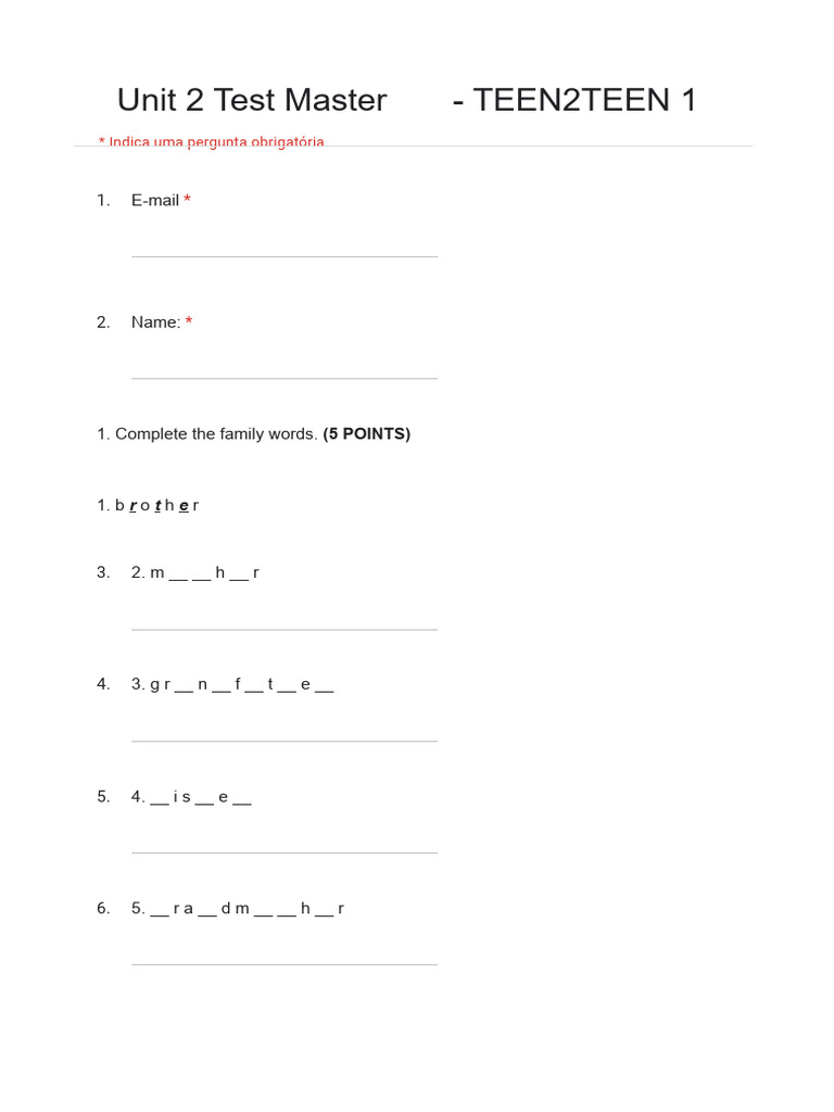 Cópia de UNIT 2 Test Master - TEEN2TEEN 1 - Formulários Google | PDF ...
