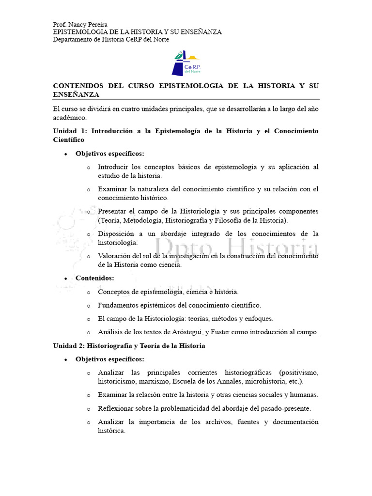 Contenidos Del Curso Epistemologia de La Historia y Su Enseñanza | PDF ...