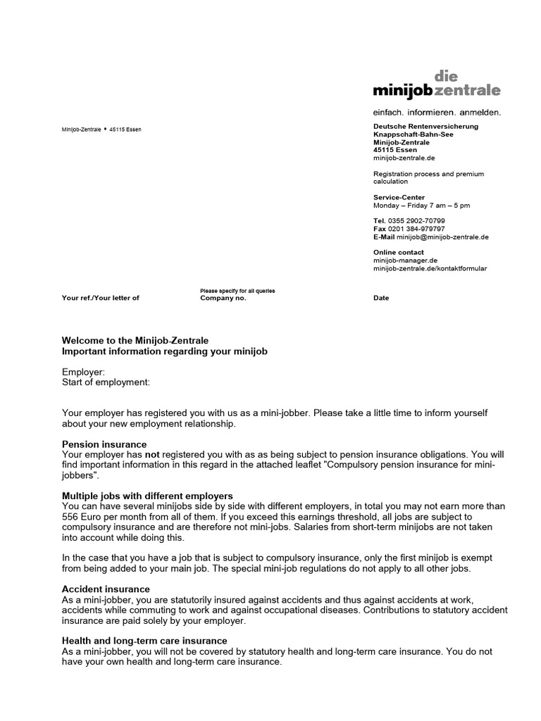Minijob Information for Employees in Essen | PDF | Employment | Insurance