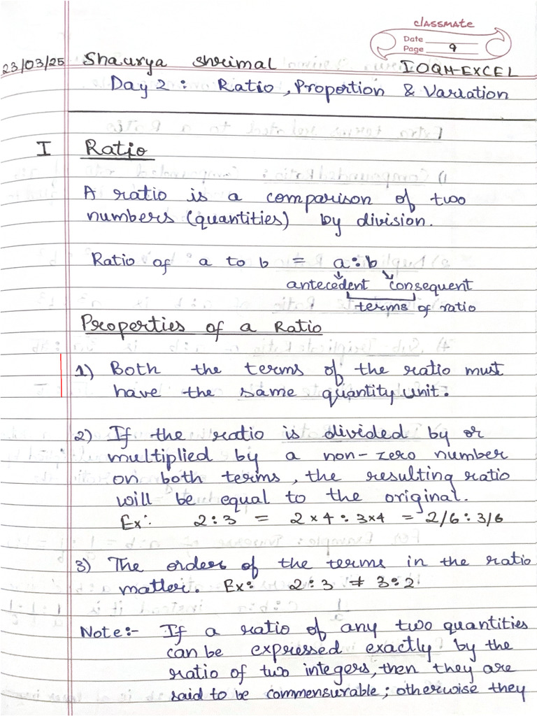 IOQM EXCEL NOTES - DAY 2 - Ratio, Proportion and Variation | PDF