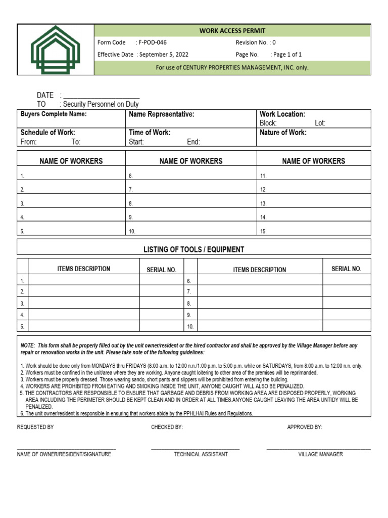 Work Access Permit Guidelines | PDF