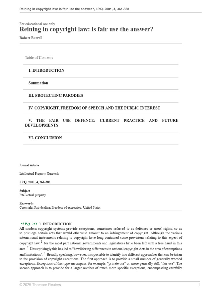 Reining in Copyright Law Is Fair Use The Answer | PDF | Fair Dealing ...