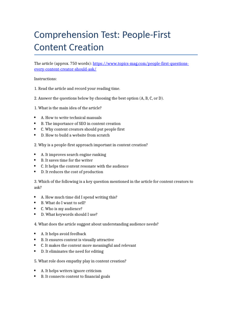 People-First Content Creation MCQ | PDF | Search Engine Optimization ...