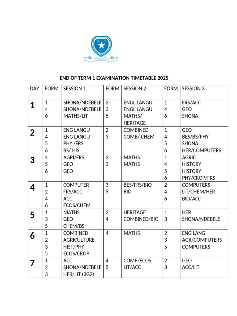 End of Term 1 Examination Timetable 2025 | PDF