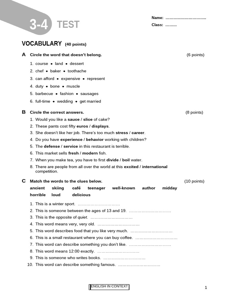 HS - English in Context - U3 4 - Test 1 | PDF