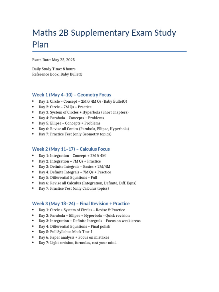 Maths 2B Study Plan | PDF