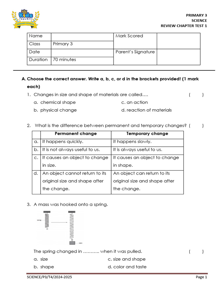 Primary 3 Science Review Test 1 | PDF | Balloon