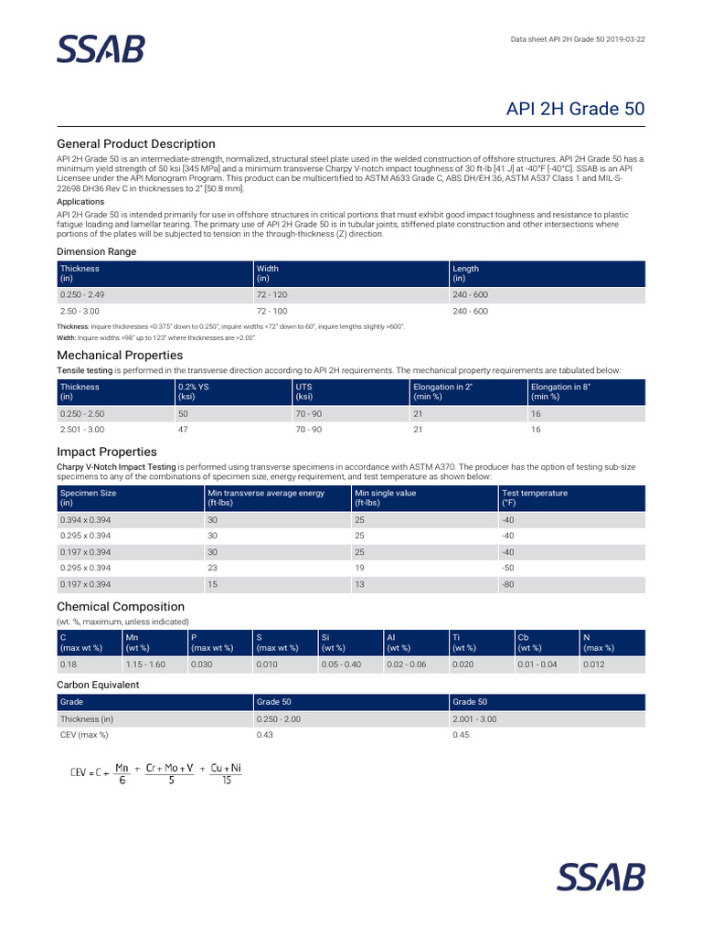 API 2H Grade 50 Steel Plate Overview | PDF | Ultimate Tensile Strength ...