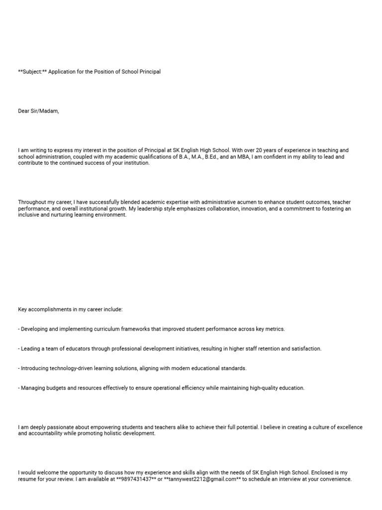Principal Application for SK English High | PDF