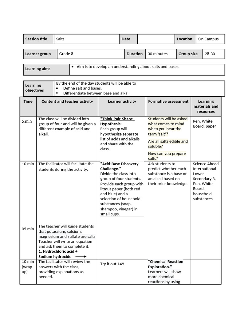 2024-25 Lesson Plan Salts | PDF | Ion | Salt (Chemistry)