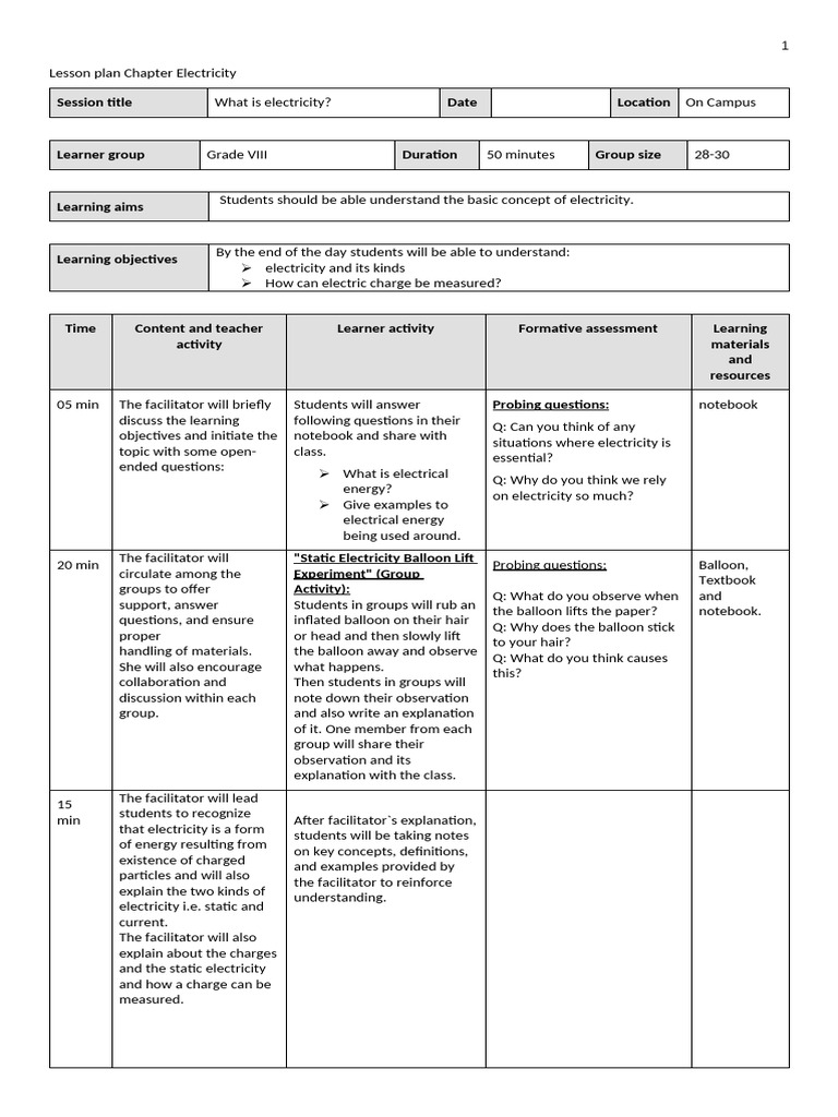 24-25 Lesson Plan Chapter Electricity Final | PDF | Series And Parallel ...
