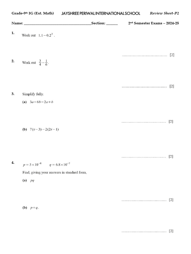 9th Ext. Math - Review Sheet P-2 (2nd Semester Exams) 2024-25 | PDF