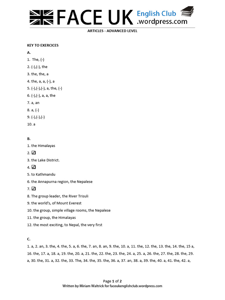 Advanced Level Definite And Indefinite Articles Key To Exercices Pdf