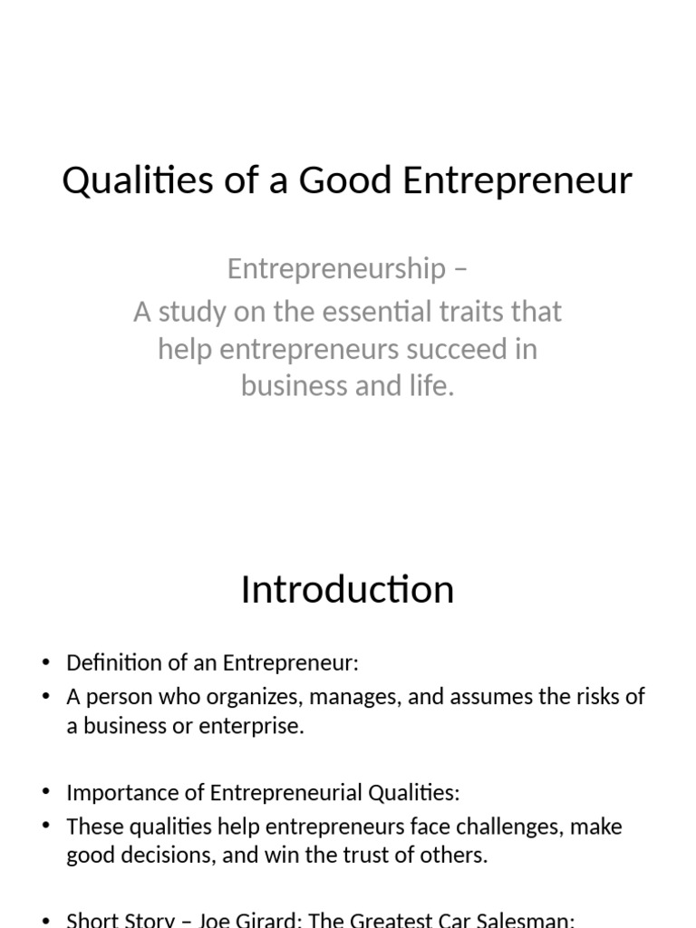 Qualities of A Good Entrepreneur | PDF