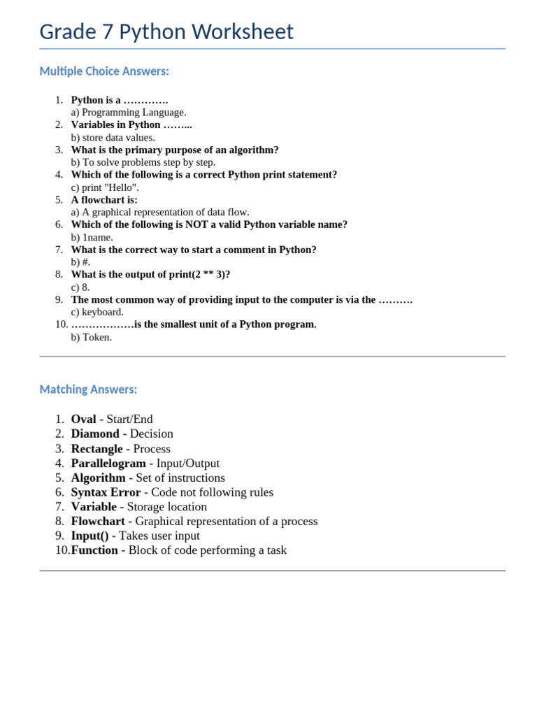 Grade 7 Test 2 Worksheet Answers | PDF | Python (Programming Language ...