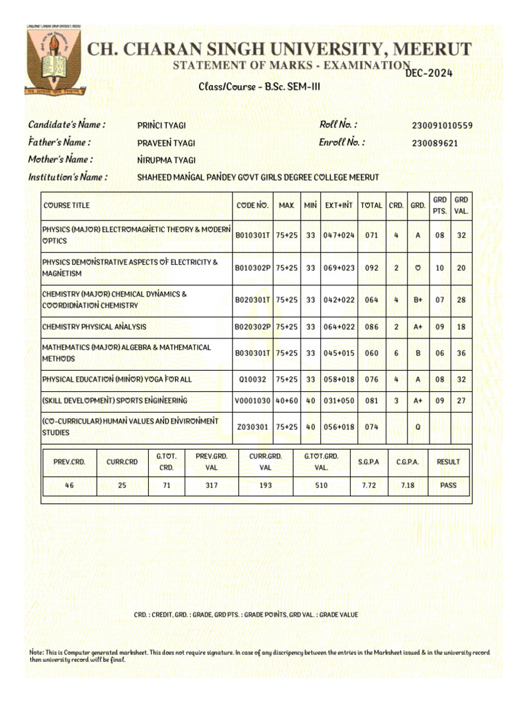 B.Sc. SEM-III Marksheet DEC-2024 | PDF | Physical Sciences | Physics