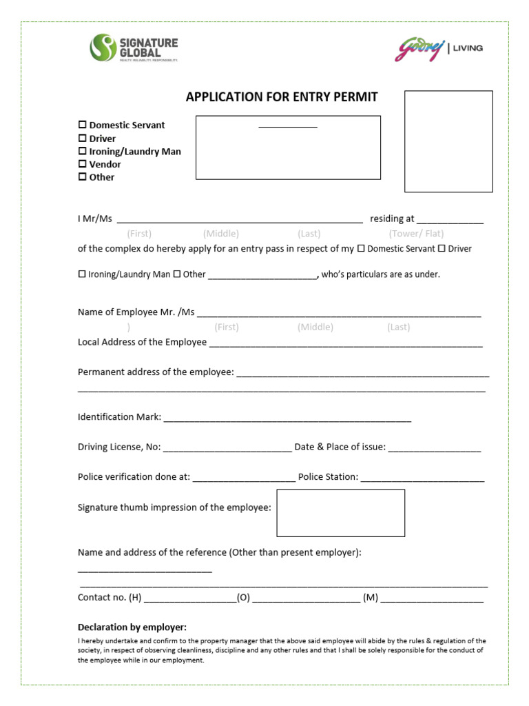 Domestic Worker Entry Permit Application | PDF | Identity Document