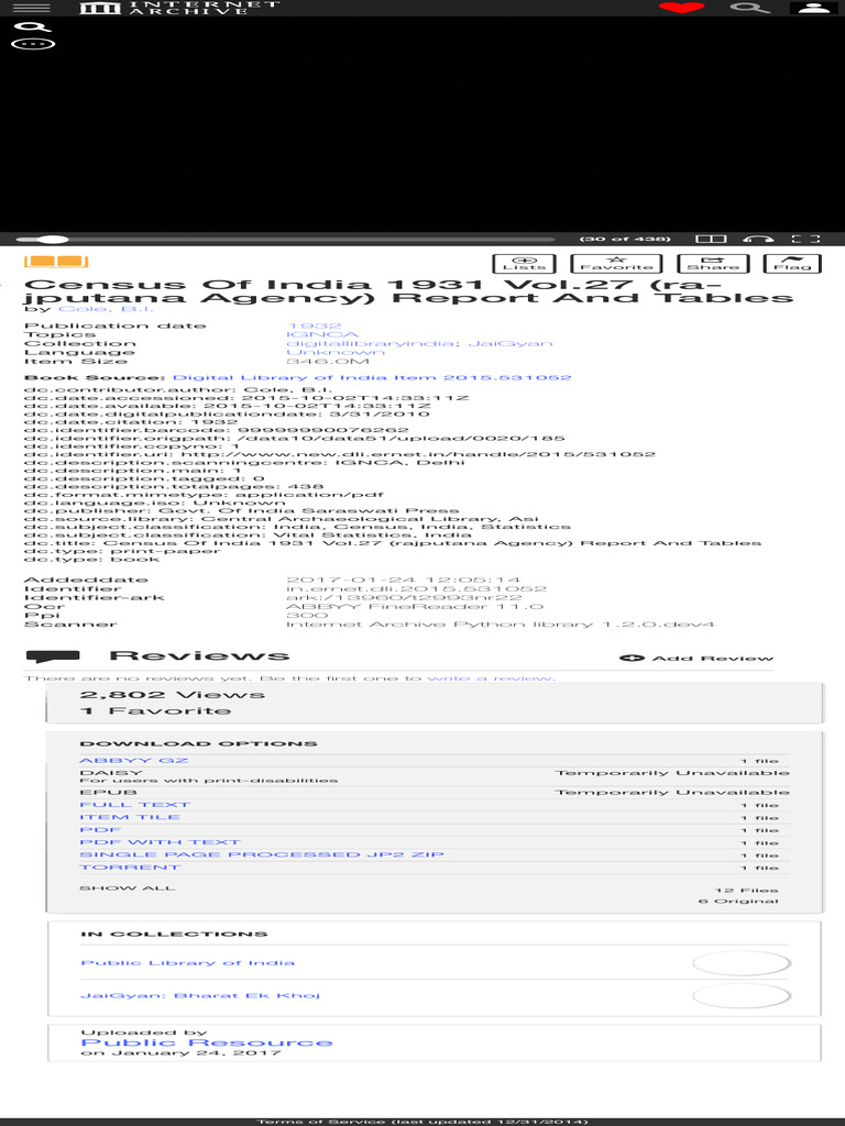 Census of India 1931 Vol.27 (Rajputana Agency) Report and Tables Cole ...