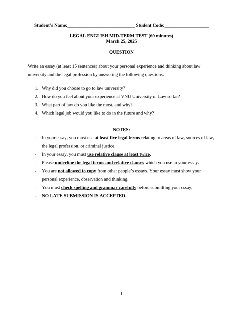 Mid-Term Test-Legal English He Chuan Spring 2025 | PDF