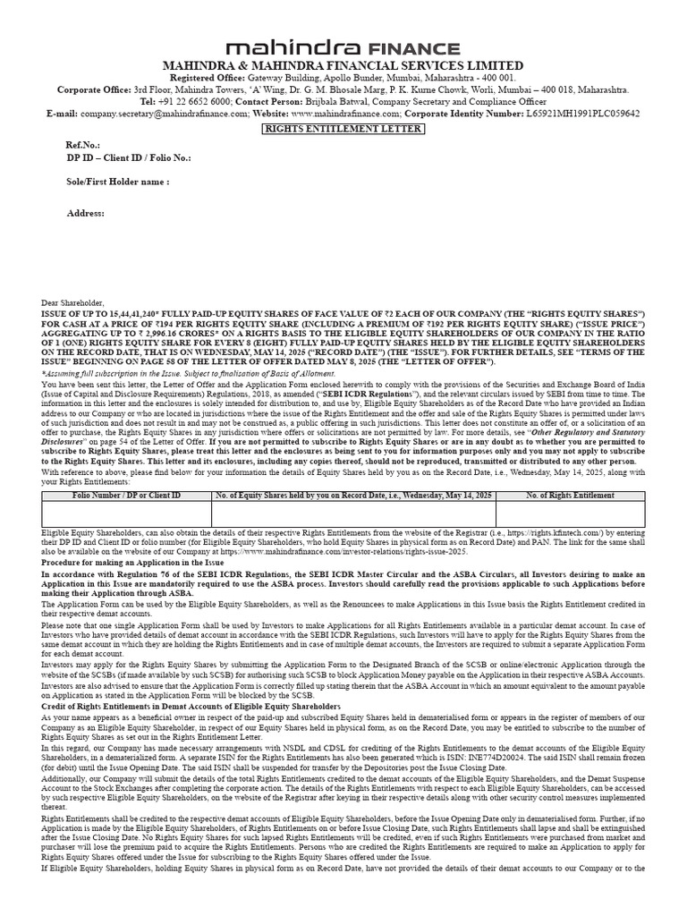 Rights Entitlement Details for Shareholders | PDF | Equity (Finance ...