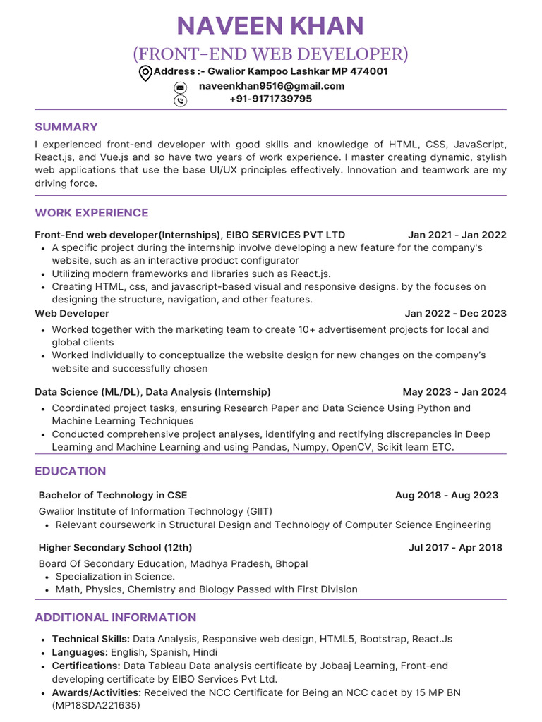 Front-End Developer Resume: Naveen Khan | PDF | Web Design | Computing