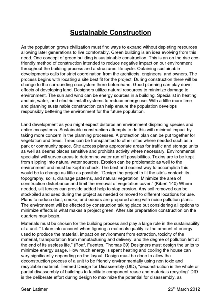 Sustainable Construction Essay  Green Building  Sustainable Construction Essay  Green Building