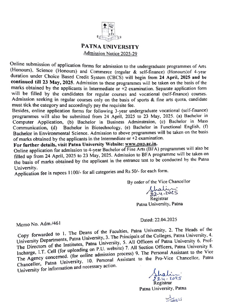 Patna University Admission Notice For UG (Regular & Self Financing ...