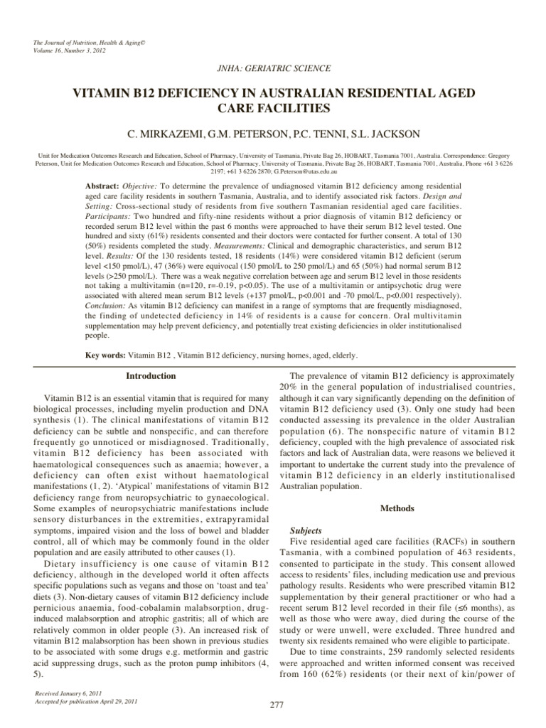 Prevalence of Vitamin B12 Deficiency in Aged Care | PDF | Vitamin B12 ...