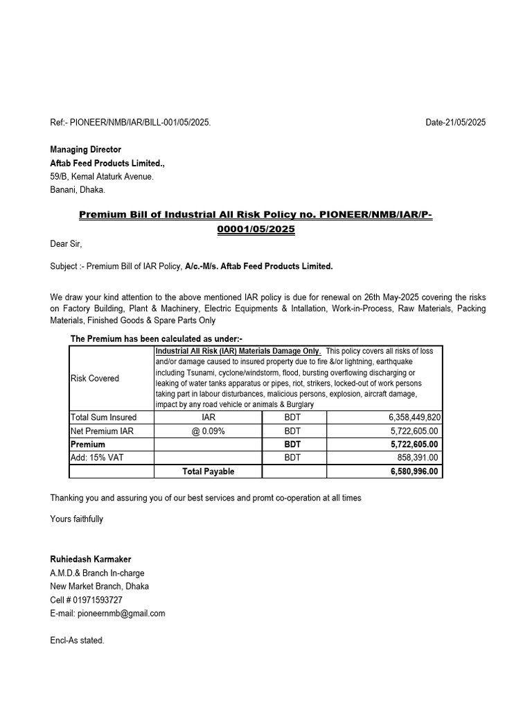 Premium Bill for IAR Policy Renewal | PDF