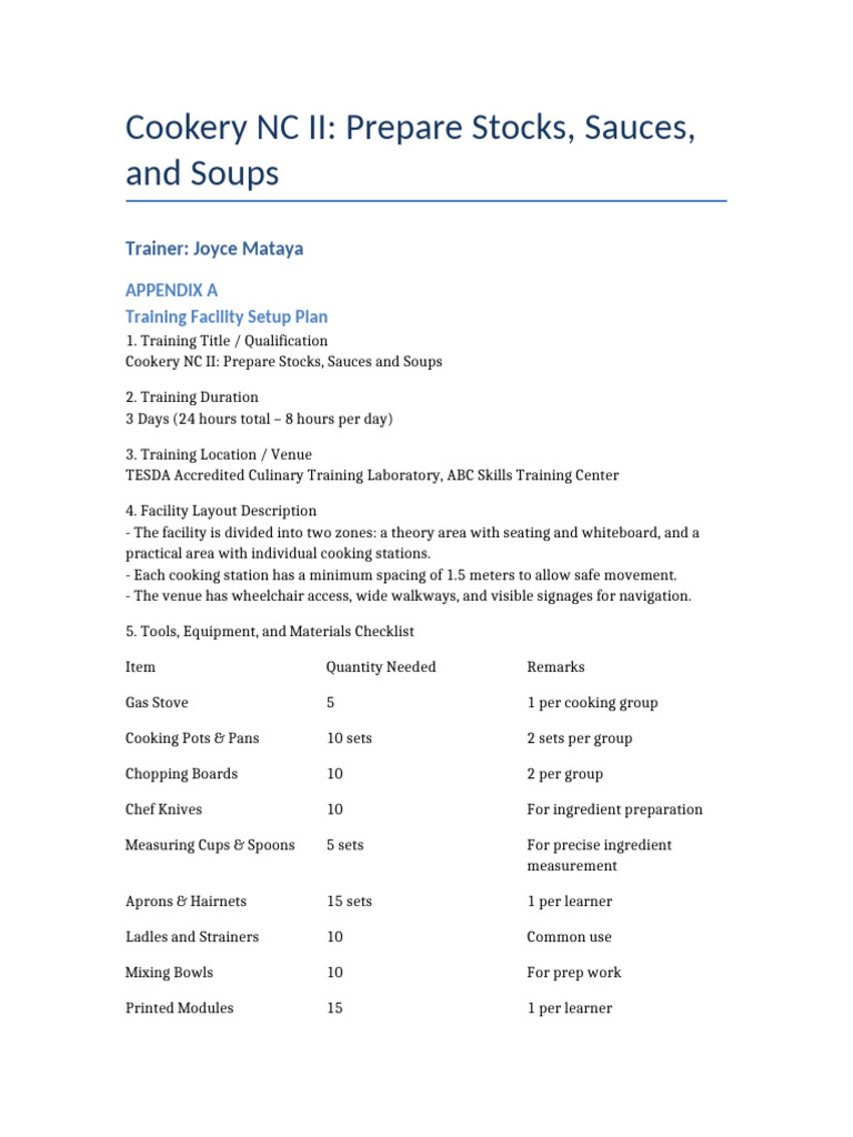 Cookery NC II: Stocks and Sauces Training | PDF | Stock (Food) | Cooking