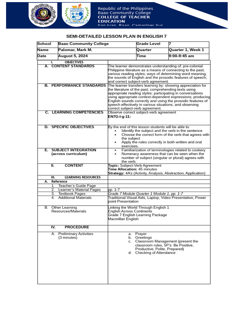 Detailed Lesson Plan in English 7 | PDF | Grammatical Number | Plural