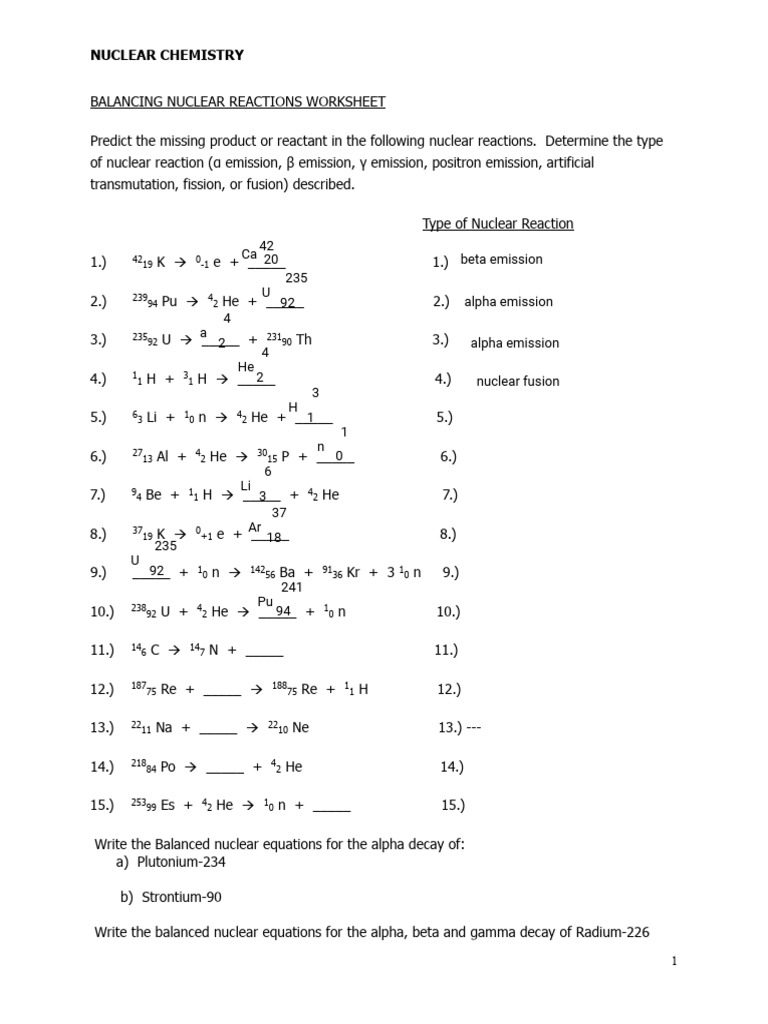 Nuclear Reactions Balancing Worksheet | PDF | Radioactive Decay ...