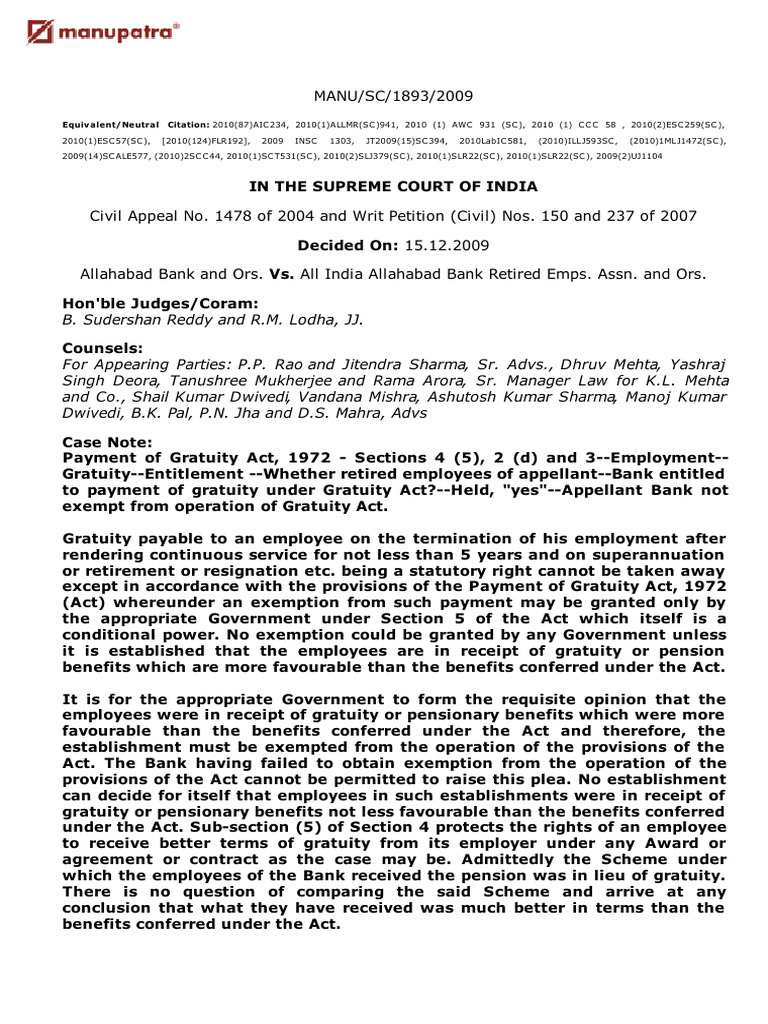 Supreme Court Ruling on Gratuity Rights | PDF | Employment | Pension