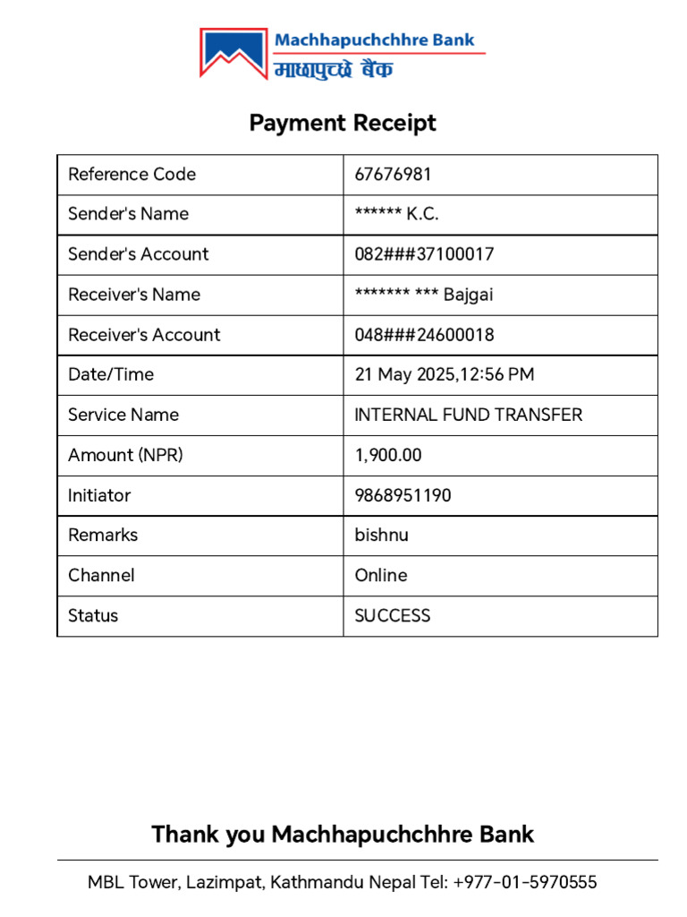 Successful Internal Fund Transfer Receipt | PDF