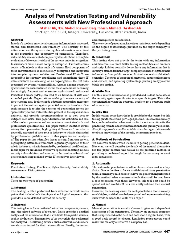 Analysis of Penetration Testing and Vuln | PDF | Penetration Test ...
