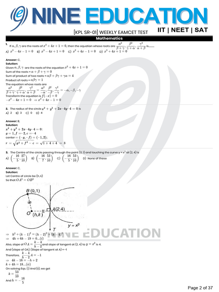 (KPL Sr-01) Weekly Eamcet Test - Solutions | PDF | Circle | Slope
