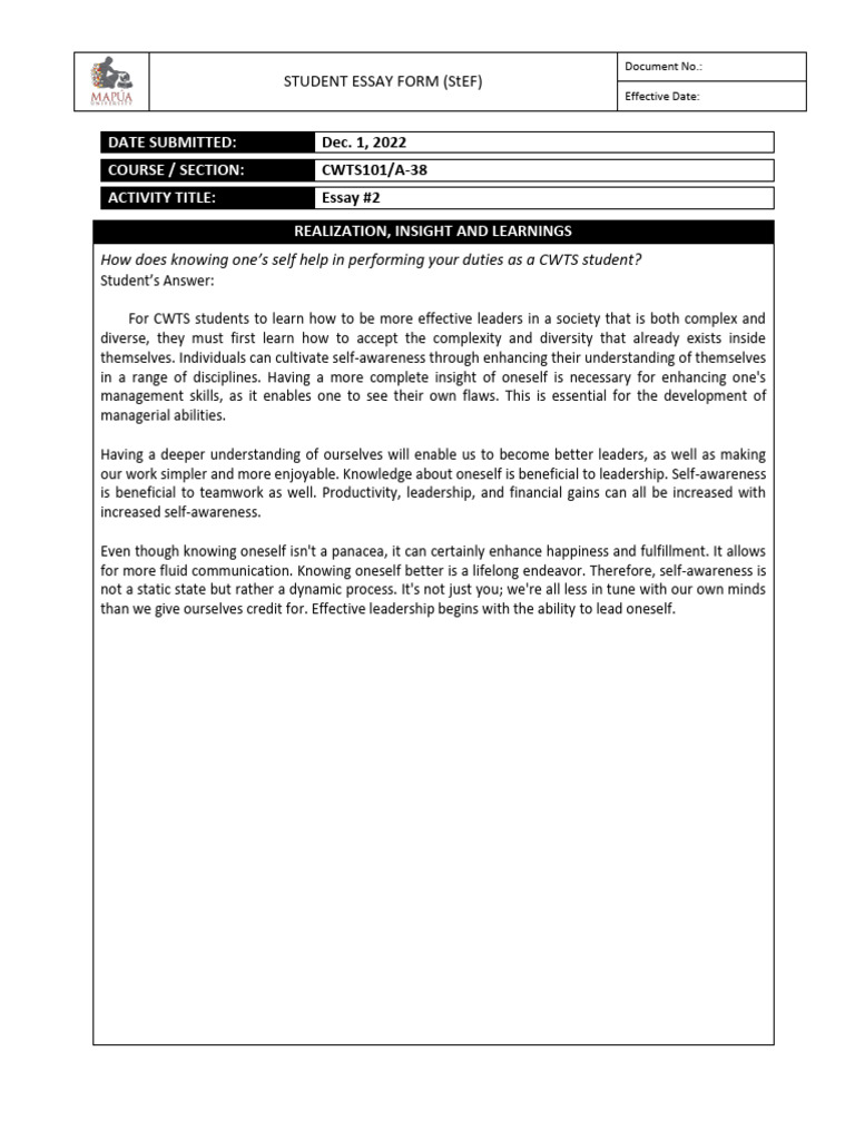 Self-Awareness in CWTS Leadership | PDF