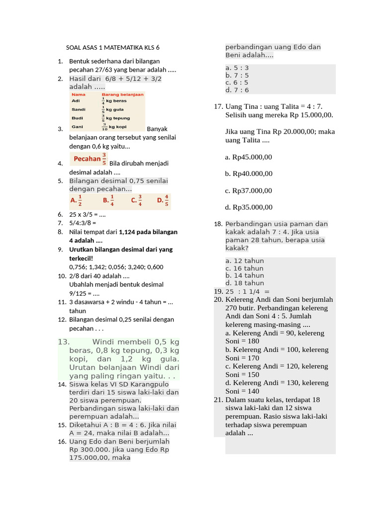 Soal Matematika Kelas 6: Pecahan dan Desimal | PDF