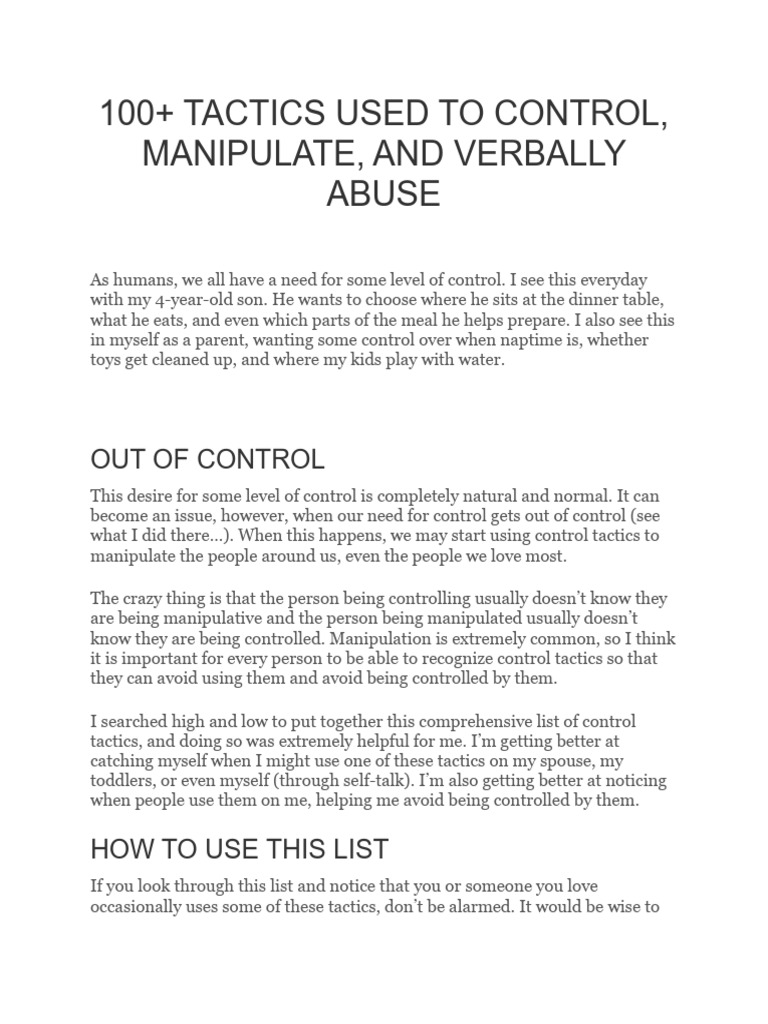 100+ Tactics Used To Control, Manipulate, and Verbally Abuse | PDF ...