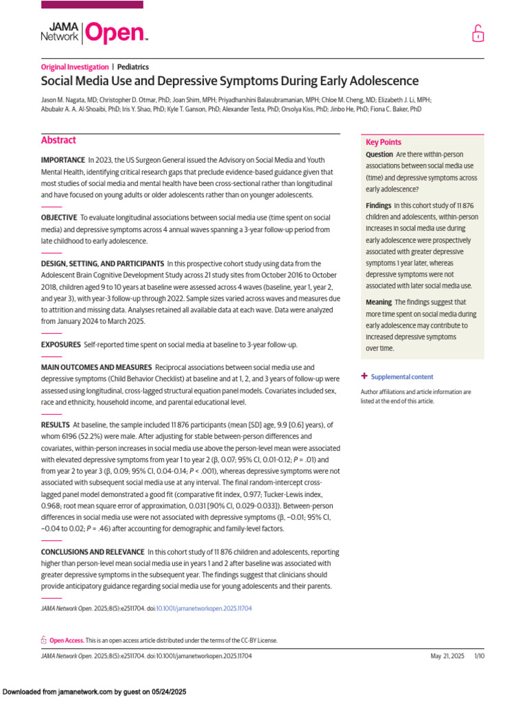 Social Media Use and Depressive Symptoms During Early Adolescence | PDF ...